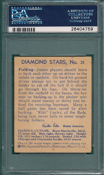 1934-36 Diamond Stars #31 Ki Ki Cuyler PSA 4