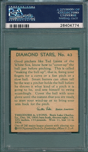 1934-36 Diamond Stars #43 Ted Lyons PSA 7