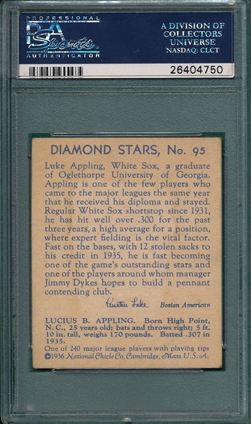 1934-36 Diamond Stars #95 Luke Appling PSA 4 *Hi #