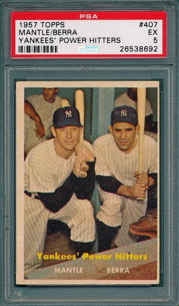 1957 Topps #407 Yankee Power Hitters W/ Mantle & Berra, PSA 5
