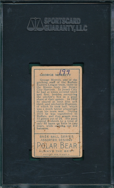 1911 T205 Merritt Polar Bear SGC 20 *Minor League*