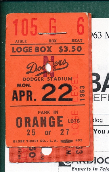 1957-65 Baseball Ticket Stubs Lot of (6)