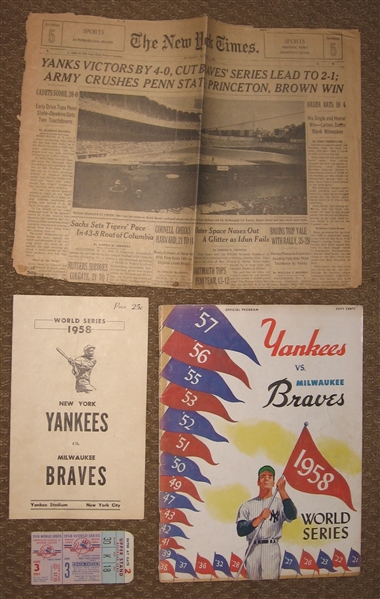 1958 World Series Braves vs Yankees Program, Scorecard & Ticket Stub, Lot of (3) 