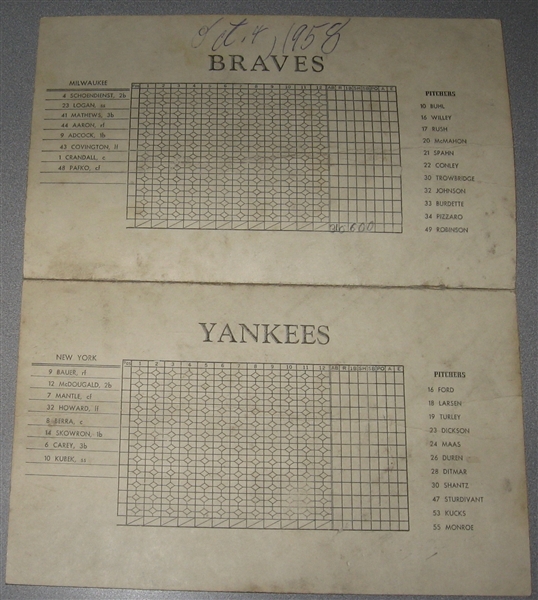 1958 World Series Braves vs Yankees Program, Scorecard & Ticket Stub, Lot of (3) 