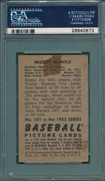 1952 Bowman #101 Mickey Mantle PSA 2