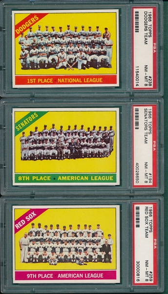 1966 Topps Red Sox, Senators & Dodgers Lot of (3) Team Cards PSA 8