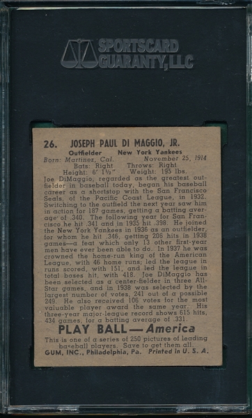 1939 Play Ball #26 Joe DiMaggio SGC 60