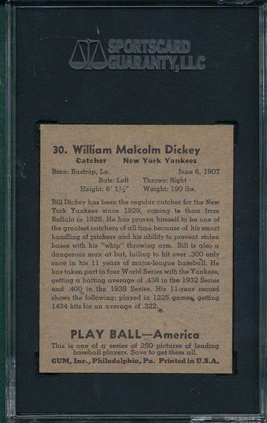 1939 Play Ball #30 Bill Dickey SGC 60