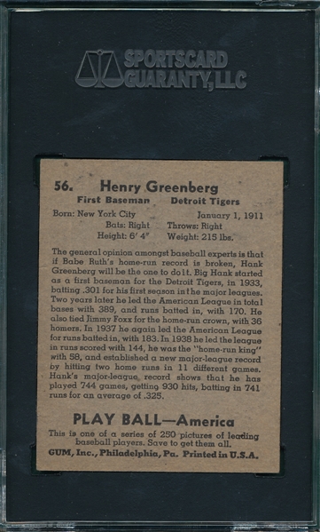 1939 Play Ball #56 Hank Greenberg SGC 20 *Presents Better*