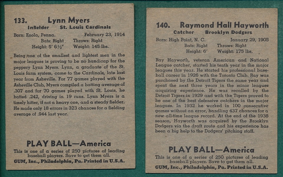 1939 Play Ball #133 Myers & #140 Hayworth, (2) Card Lot *Hi #s*