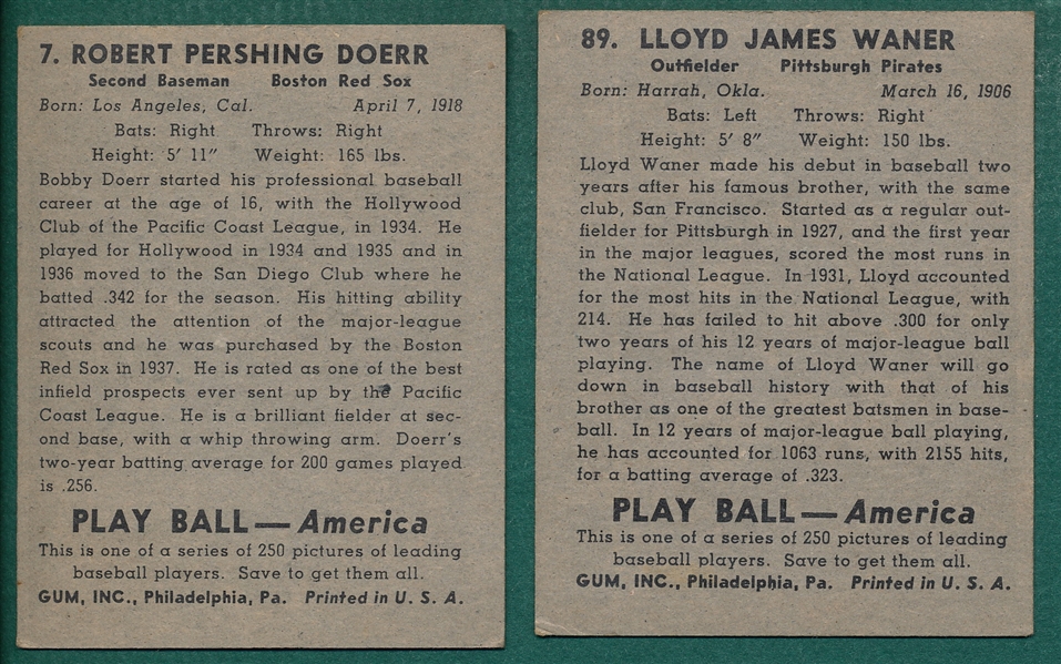 1939 Play Ball Lot of (2) HOFers W/ #7 Doerr & #89 L. Waner
