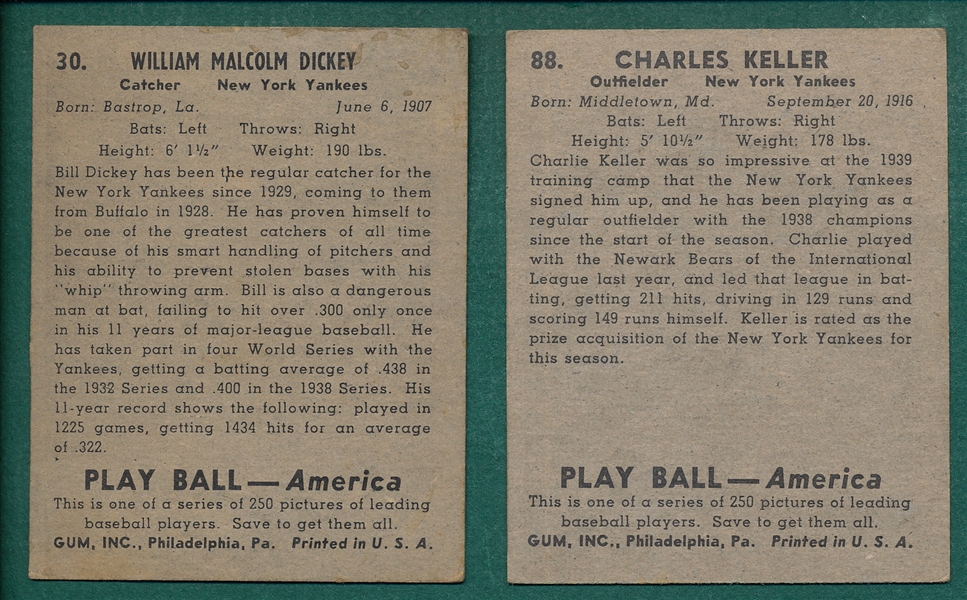 1939 Play Ball Lot of (2) NY Yankees W/ #88 Keller, Rookie, & #30 Dickey
