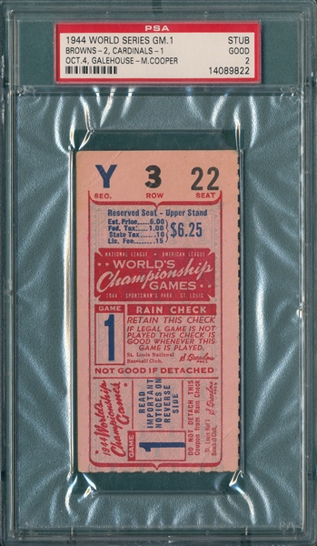 1944 World Series Game 1, Browns vs Cardinals, Ticket Stub PSA 2