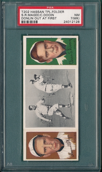 1912 T202 Donlin Out at First, Magee/Dooin, Hassan Cigarettes PSA 7 (MK)