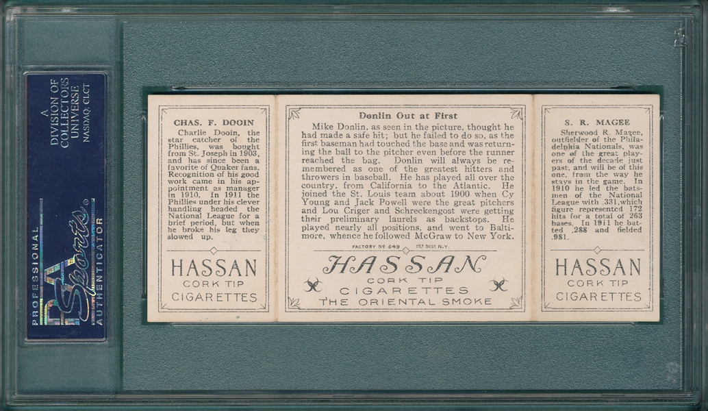 1912 T202 Donlin Out at First, Magee/Dooin, Hassan Cigarettes PSA 7 (MK)