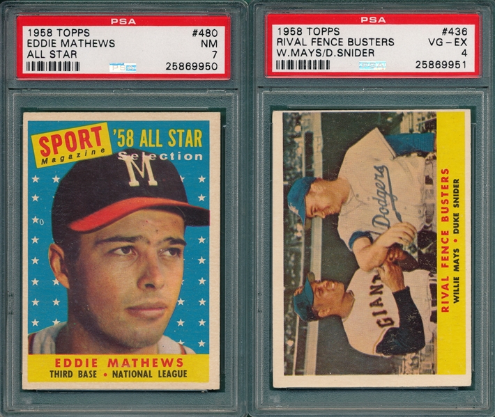 1958 Topps #436 Fence Busters & #480 Mathews AS, (2) Card Lot PSA