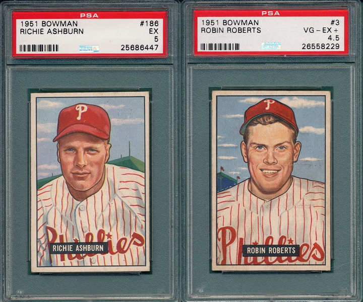 1951 Bowman #186 Ashburn & #3 Roberts (2) Card Lot PSA