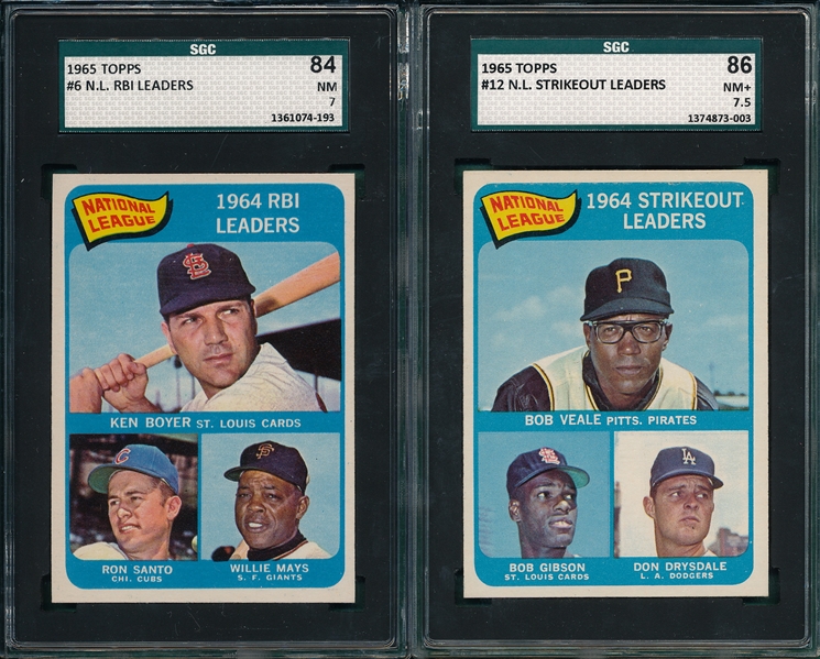 1965 Topps #6 NL RBI W/ Mays & #12 NL Strikeout W/ Gibson, (2) Card Lot SGC 84