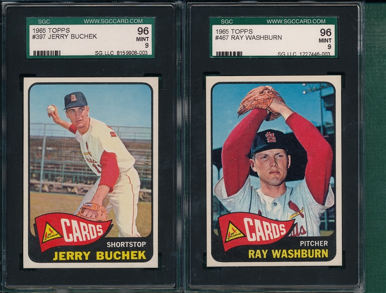 1965 Topps #397 Buchek & #467 Washburn, (2) Card Lot Cardinals, SGC 96 *MINT*
