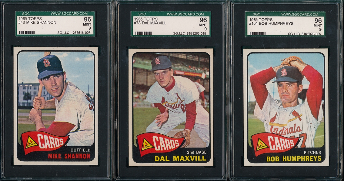 1965 Topps #154, #43 & #78, (3) Card Lot of Cardinals, SGC 96 *MINT*