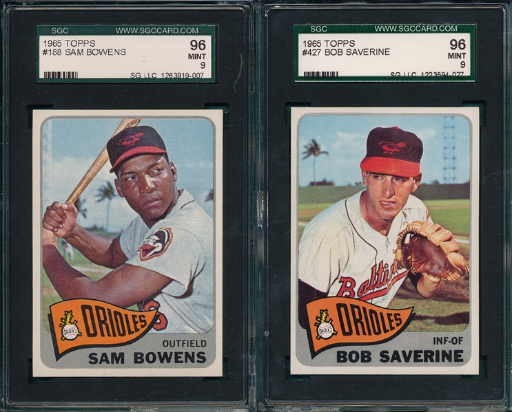 1965 Topps #188 Bowens & #427 Saverine, (2) Card Lot of Orioles, SGC 96 *MINT*