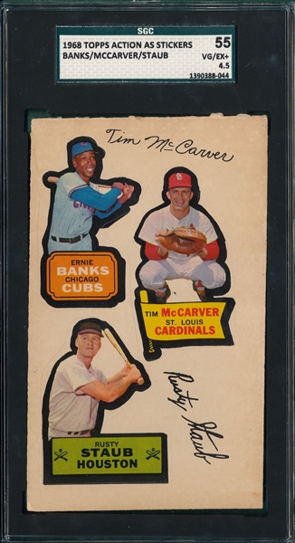 1968 Topps Action AS Stickers Banks/McCarver/Staub SGC 55