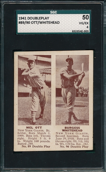 1941 Double Play #31/32 Ott/Whitehead SGC 50