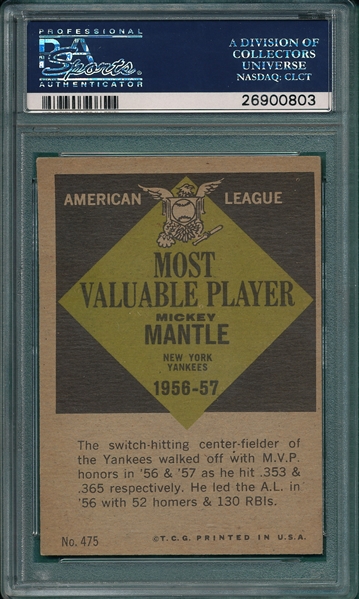 1961 Topps #475 Mickey Mantle, MVP, PSA 4