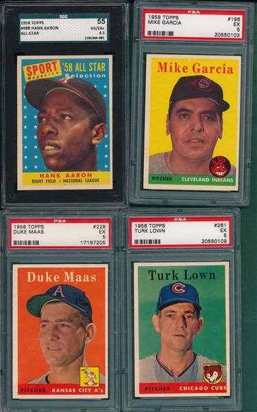 1958 Topps Lot of (4) W/ #488 Aaron AS, SGC/PSA