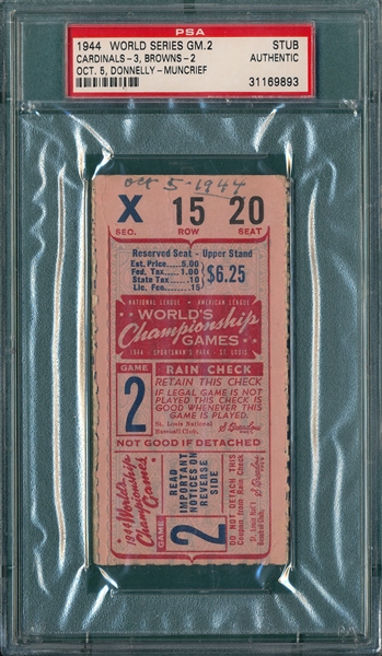 1944 WS Game 2 Cardinals vs Browns, Ticket Stub, PSA Authentic