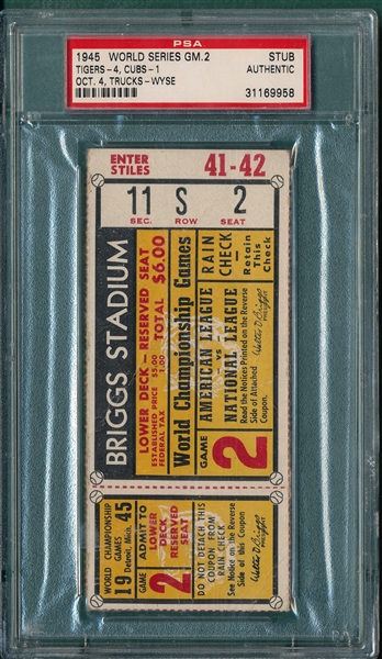 1945 WS Game 2 Tigers vs Cubs, Ticket Stub, PSA Authentic