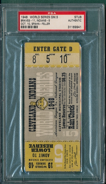 1948 WS Game 5 Braves vs Indians, Ticket Stub, PSA Authentic