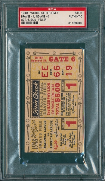 1948 WS Game 1 Braves vs Indians, Ticket Stub, PSA Authentic