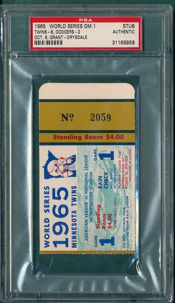 1965 WS Game 1 Twins vs Dodgers, Ticket Stub, PSA Authentic