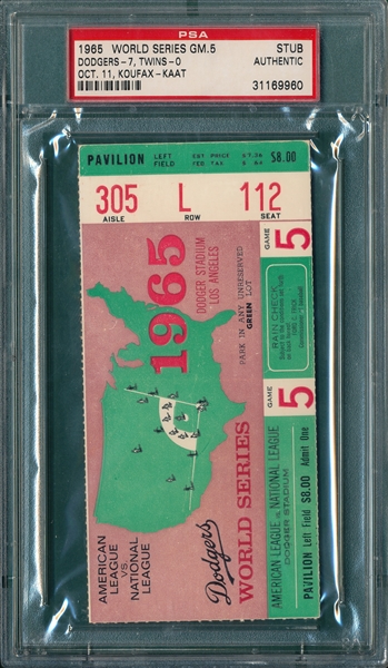 1965 WS Game 5 Twins vs Dodgers, Ticket Stub, PSA Authentic