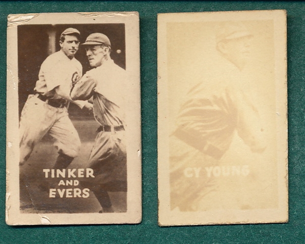 1948 Topps Magic Photo Baseball #16K Cy Young & #18K Tinker/Evers, Lot of (2) 
