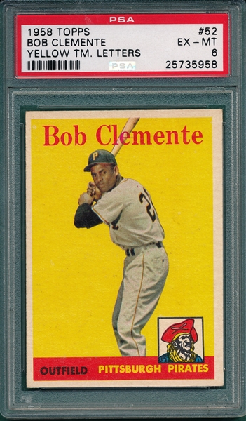 1958 Topps #52 Bob Clemente, Yellow, PSA 6