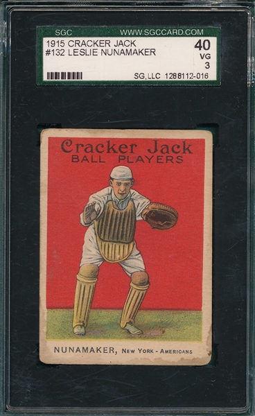 1915 Cracker Jack #132 Leslie Nunamaker SGC 40