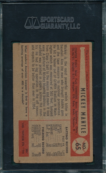 1954 Bowman #65 Mickey Mantle SGC 35