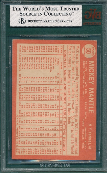 1964 Topps #50 Mickey Mantle BVG 4