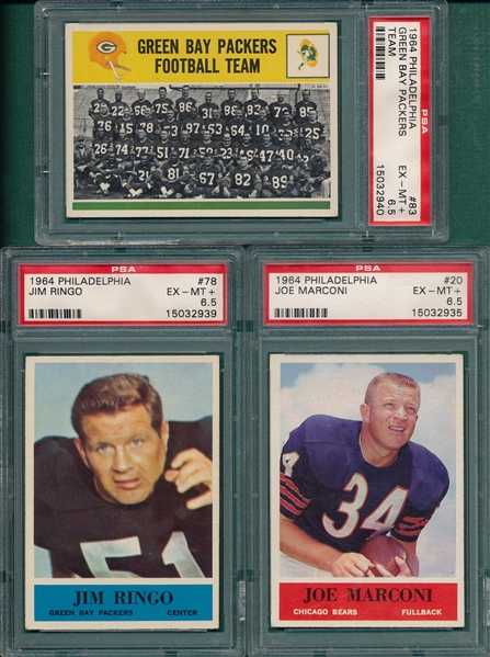 1964 Philadelphia FB #20, #83 Packers Team & #78 Ringo, Lot of (3) PSA 6.5