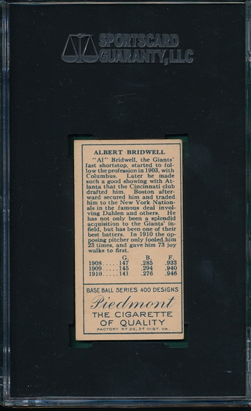 1911 T205 Bridwell Piedmont Cigarettes SGC 80
