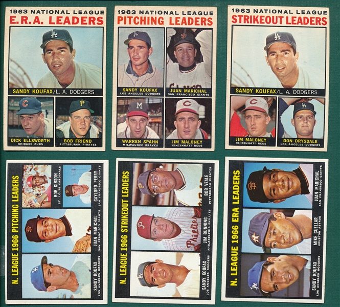 1964/66 Topps Sandy Koufax Lot of (6) Leader Cards