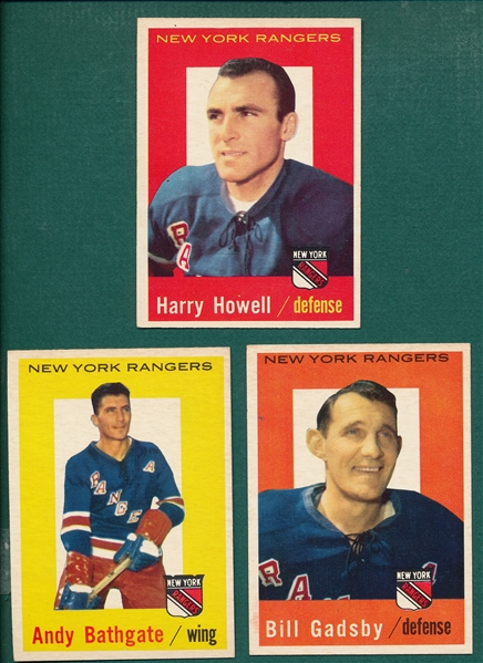 1959-60 Topps HCKY Lot of (3), NY Rangers HOFers, Howell, Bathgate & Gadsby