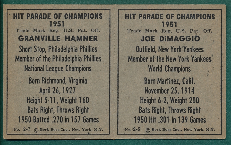 1951 Berk Ross Panel 2-7 Hamner & 2-5 Joe Dimaggio