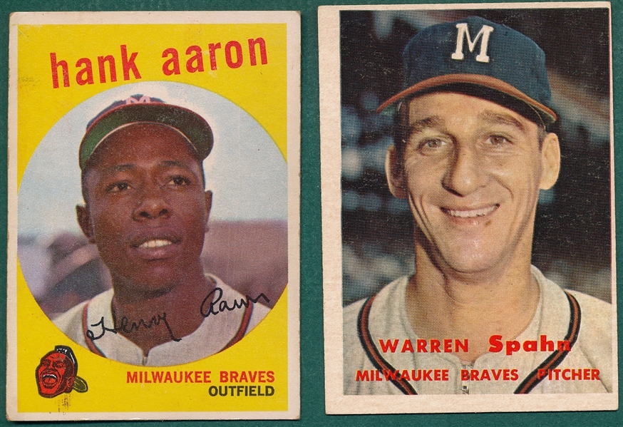 1957 Topps #90 Spahn & 1959 #380 Aaron, Lot of Braves HOFers (2) 
