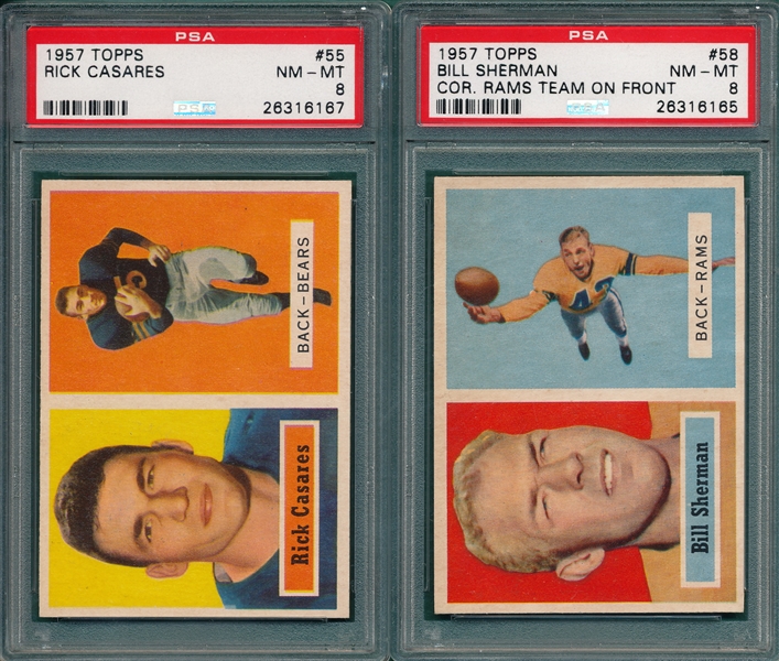 1957 Topps FB #55 Casares & #58 Sherman, Lot of (2), PSA 8 