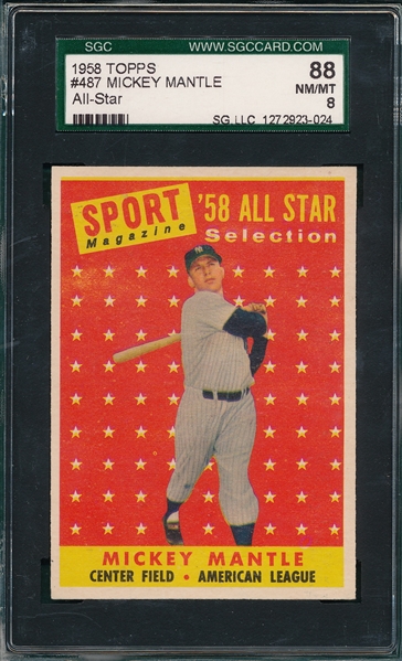 1958 Topps #487 Mickey Mantle, AS, SGC 88