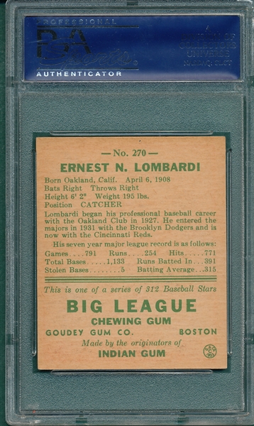 1938 Goudey #270 Ernie Lombardi, Reds PSA 5