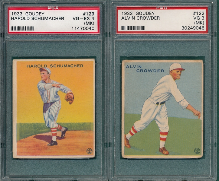 1933 Goudey #122 Crowder & #129 Schumacher, (2) Card Lot, PSA 